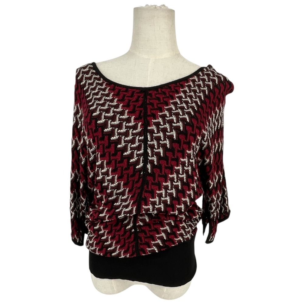 White House Black Market Geometric Print Dolman Sleeve Top Red Black M Slimming